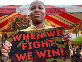 When we fight we win! | Orange camouflage doormat | Vote Blue Harris Walz President 2024
